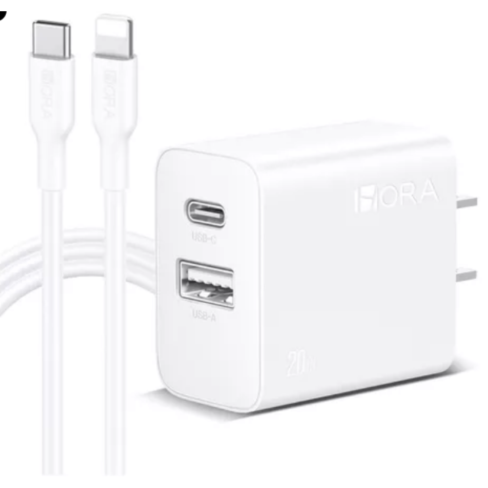 CARGADOR DE DOBLE PUERTO (USB C Y USB A) 20W Y CABLE C - LIGHTNING (GAR163)