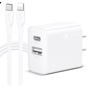 CARGADOR DE DOBLE PUERTO (USB C Y USB A) 20W Y CABLE C - LIGHTNING (GAR163)