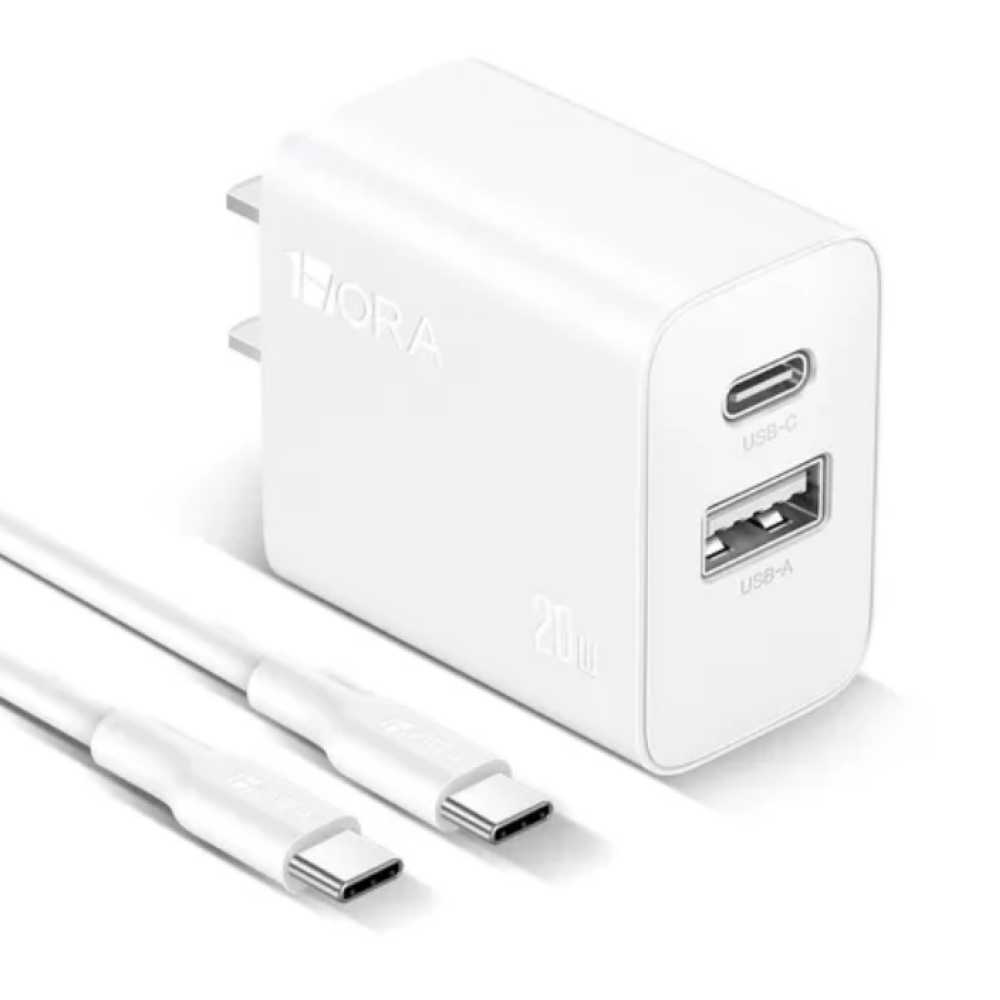 CARGADOR DE DOBLE PUERTO (USB C Y USB A) 20W Y CABLE TIPO C - TIPO C (GAR162)